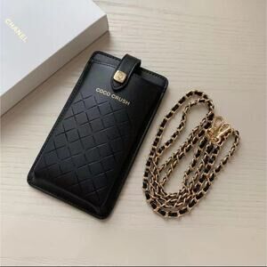 Chanel Black Coco Crush Phone Case Crossbody Black Gold Quilted New